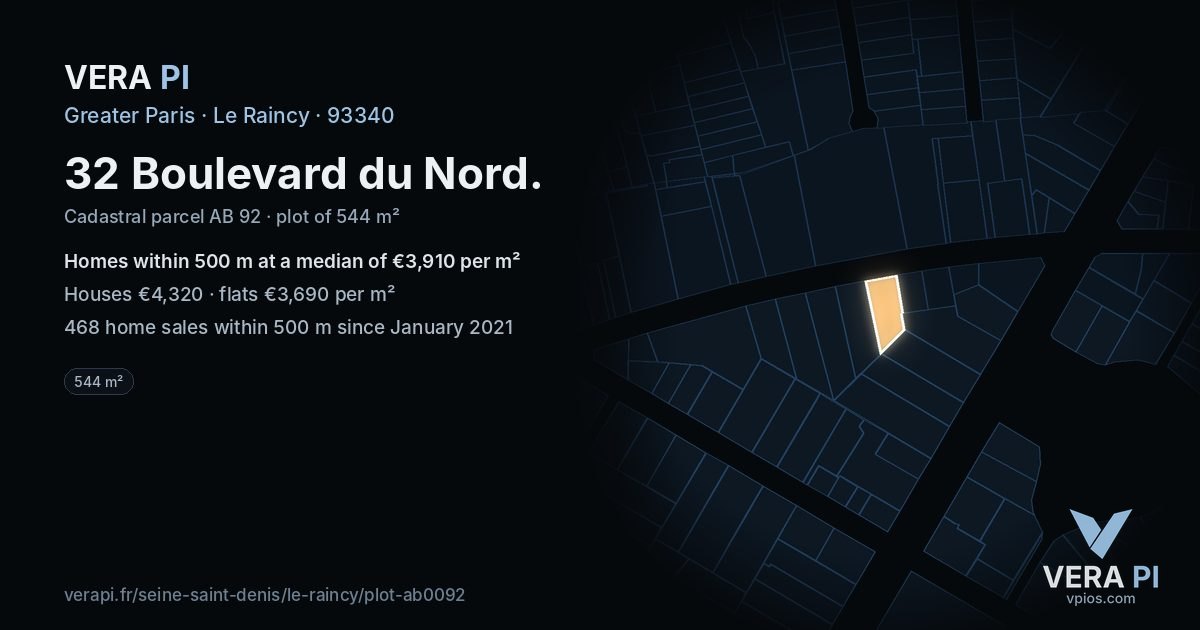32 Boulevard du Nord, Le Raincy at night – the plot lit, the parcels around coloured by the prices near them