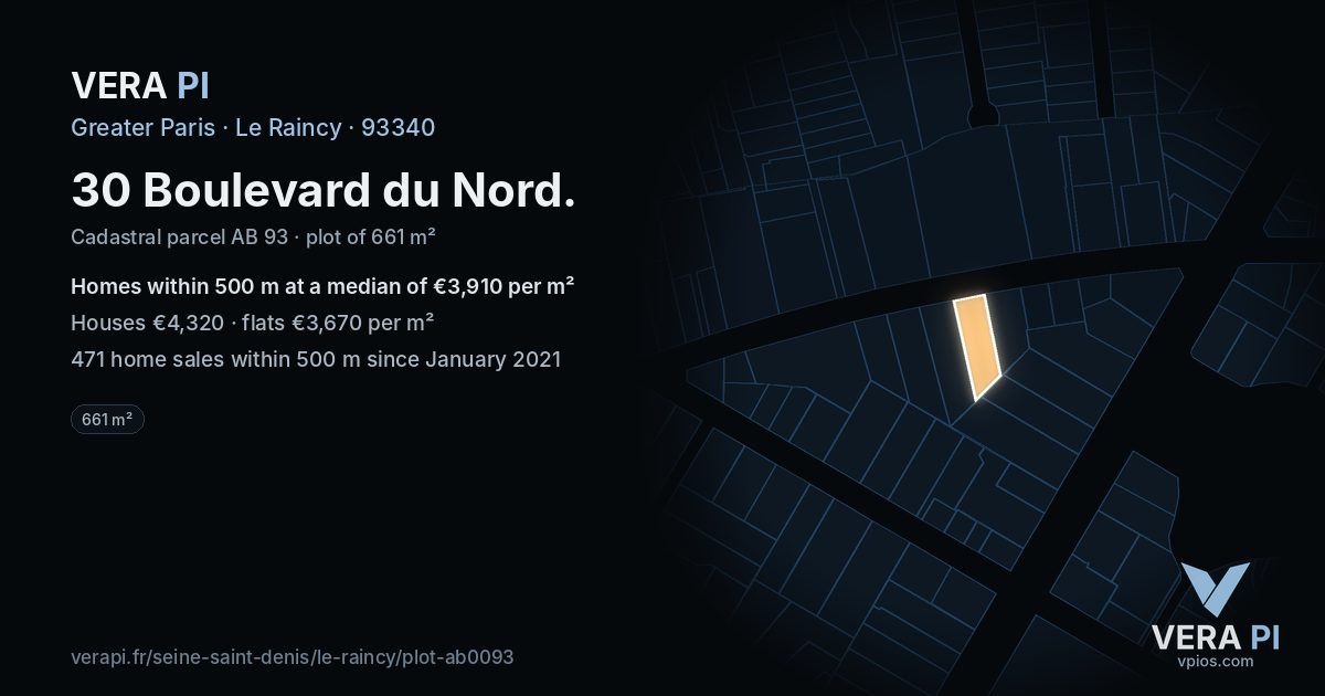 30 Boulevard du Nord, Le Raincy at night – the plot lit, the parcels around coloured by the prices near them
