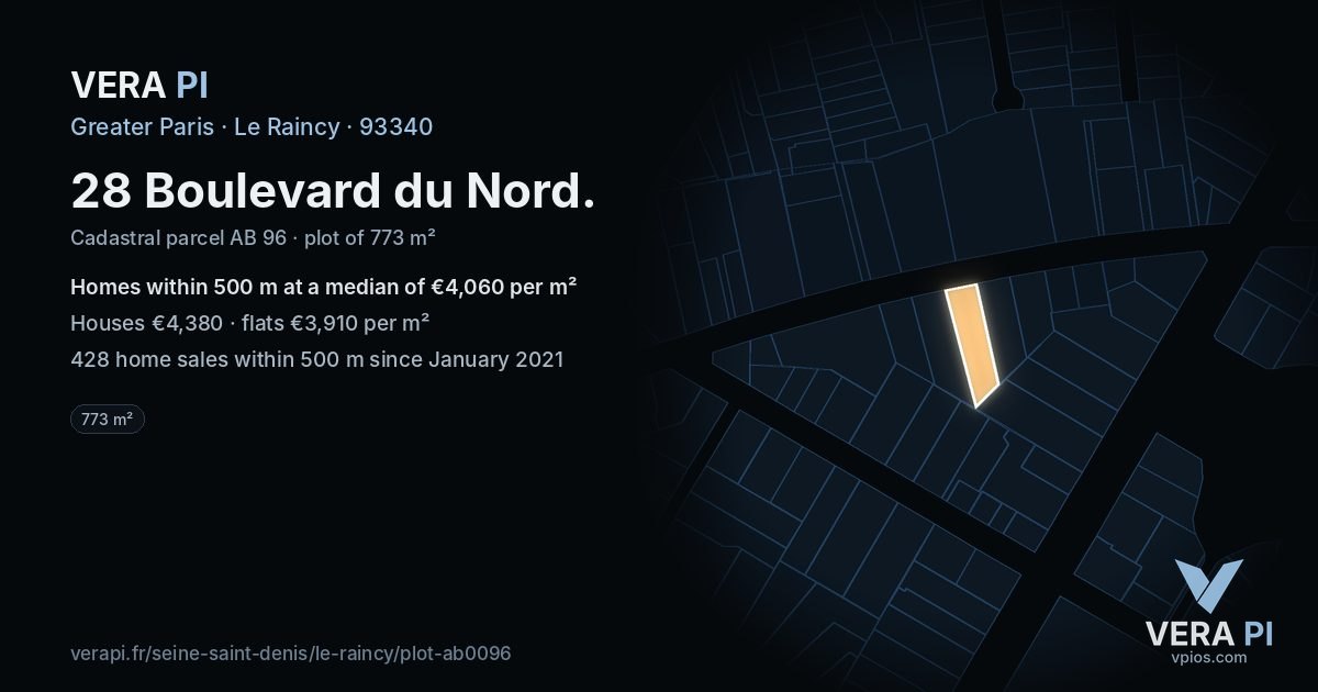28 Boulevard du Nord, Le Raincy at night – the plot lit, the parcels around coloured by the prices near them
