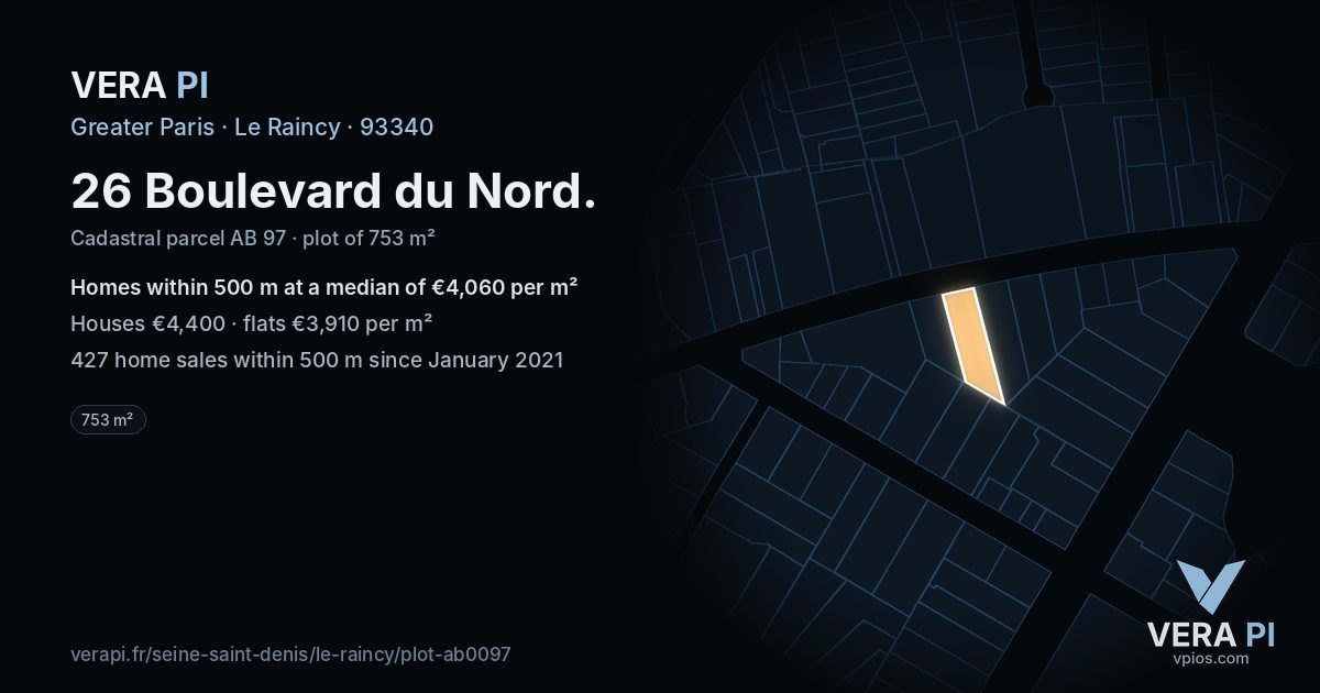 26 Boulevard du Nord, Le Raincy at night – the plot lit, the parcels around coloured by the prices near them