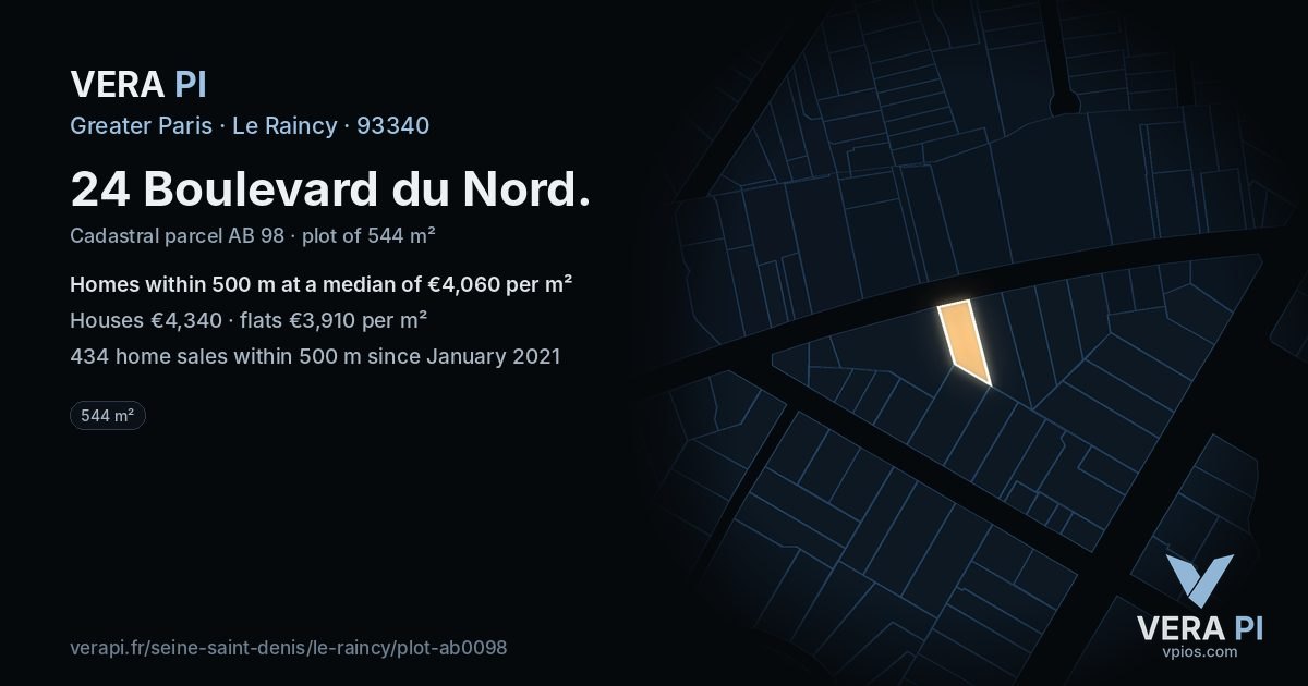 24 Boulevard du Nord, Le Raincy at night – the plot lit, the parcels around coloured by the prices near them