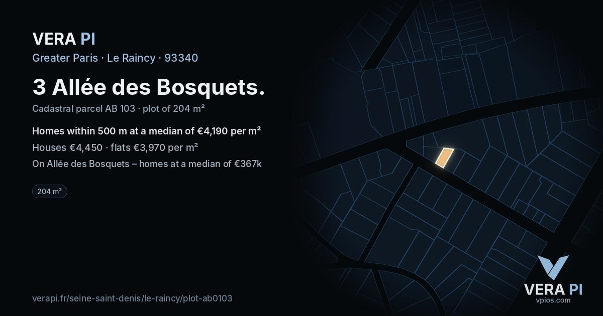 3 Allée des Bosquets, Le Raincy at night – the plot lit, the parcels around coloured by the prices near them