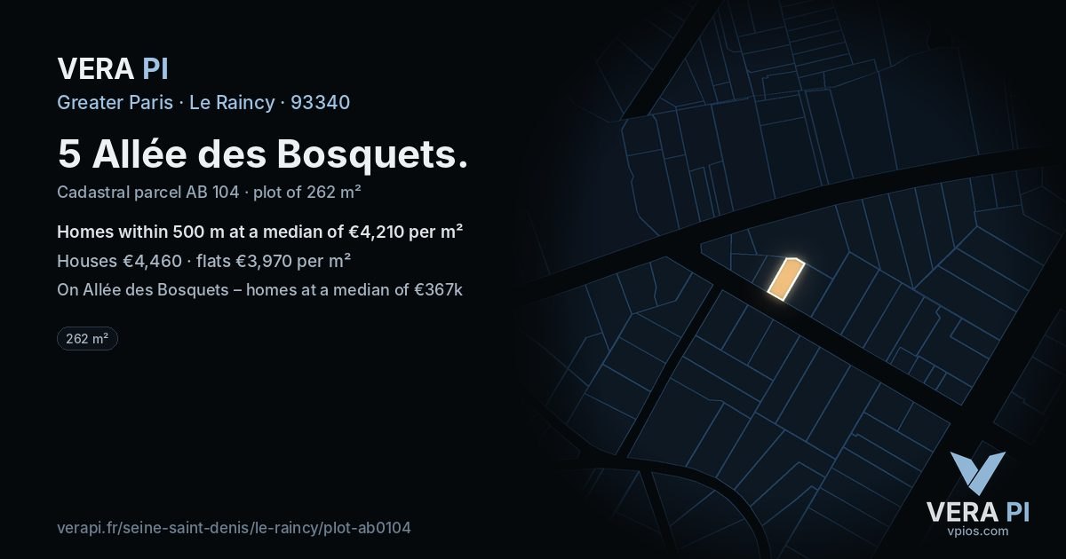 5 Allée des Bosquets, Le Raincy at night – the plot lit, the parcels around coloured by the prices near them