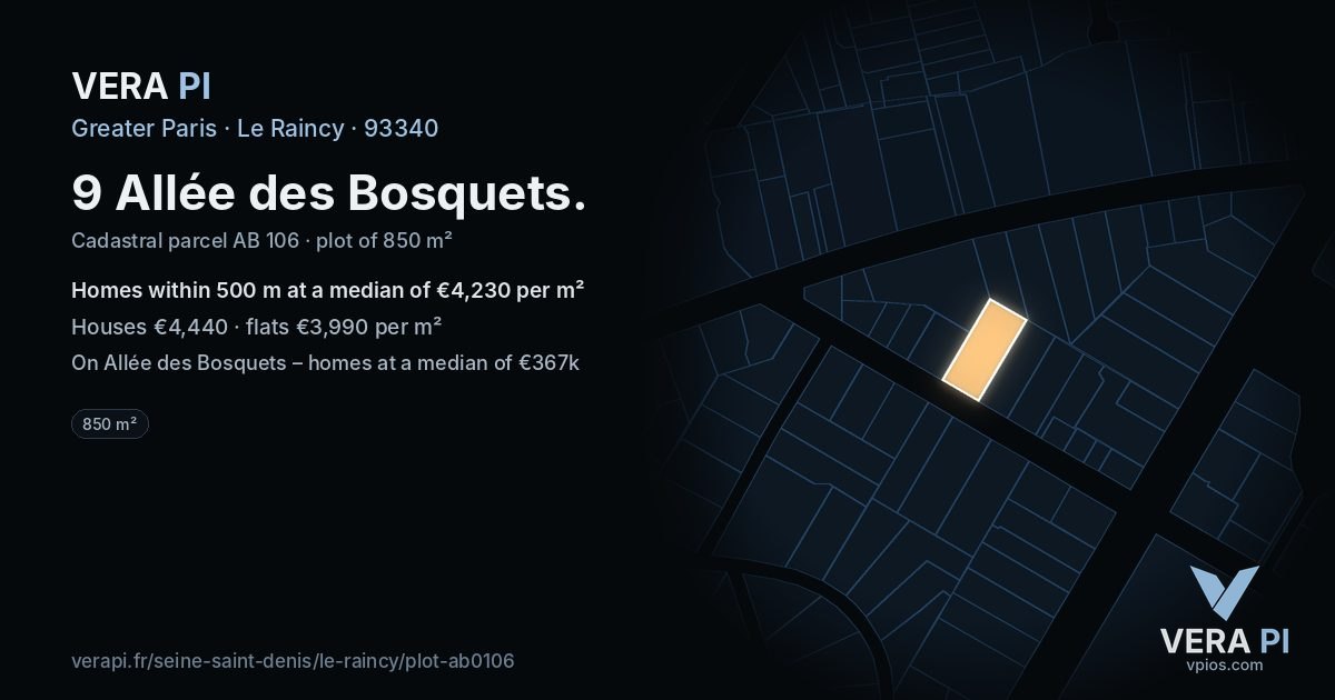 9 Allée des Bosquets, Le Raincy at night – the plot lit, the parcels around coloured by the prices near them