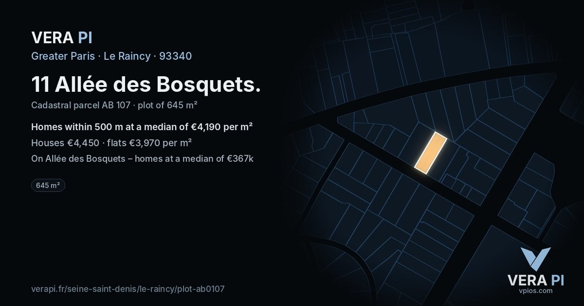 11 Allée des Bosquets, Le Raincy at night – the plot lit, the parcels around coloured by the prices near them