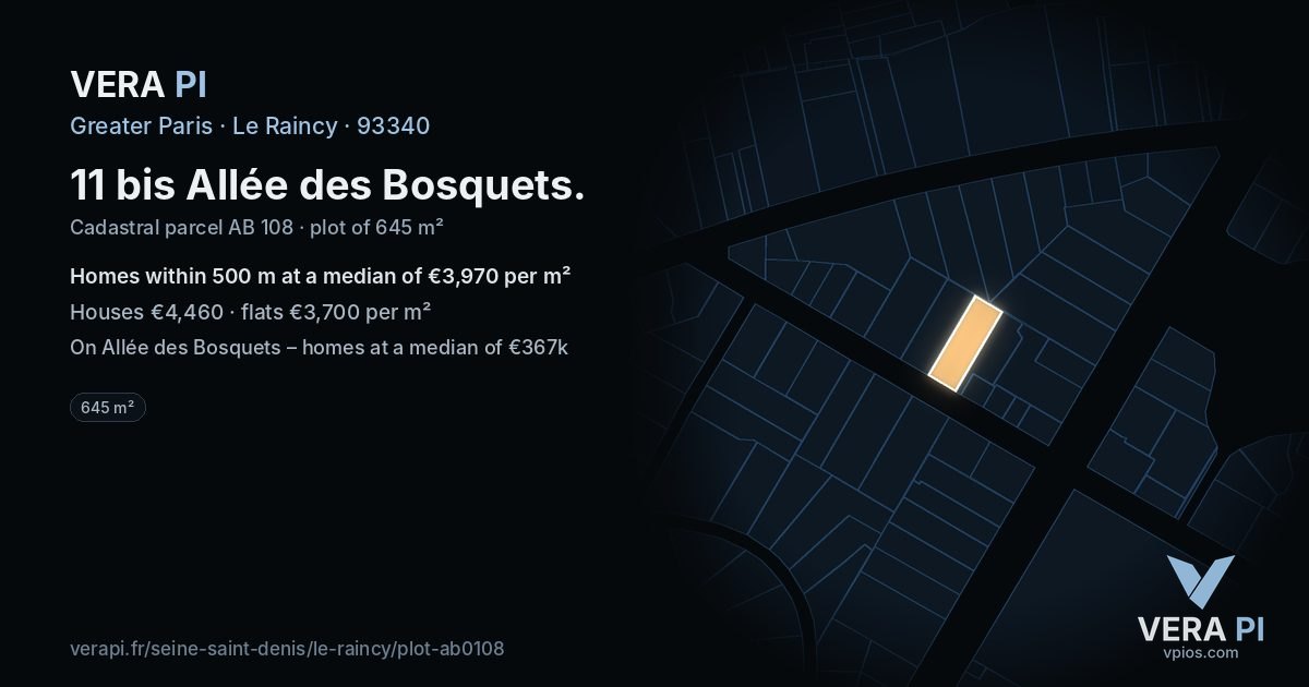 11 bis Allée des Bosquets, Le Raincy at night – the plot lit, the parcels around coloured by the prices near them