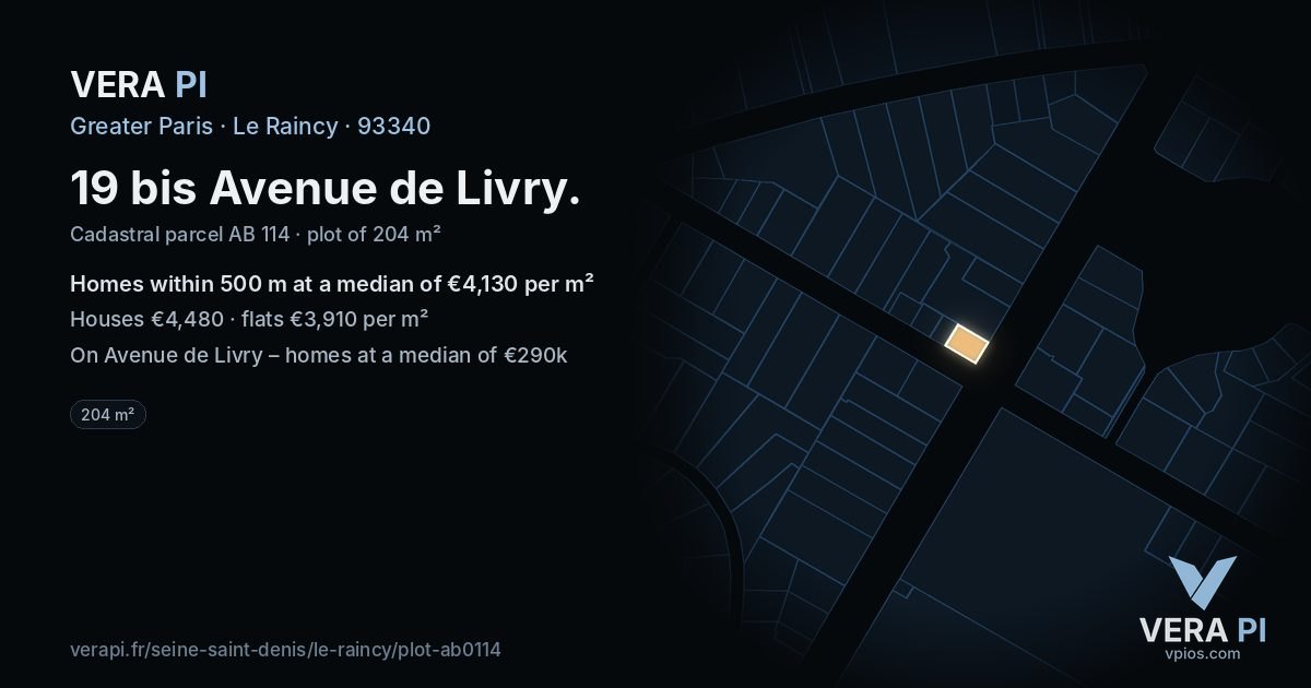 19 bis Avenue de Livry, Le Raincy at night – the plot lit, the parcels around coloured by the prices near them