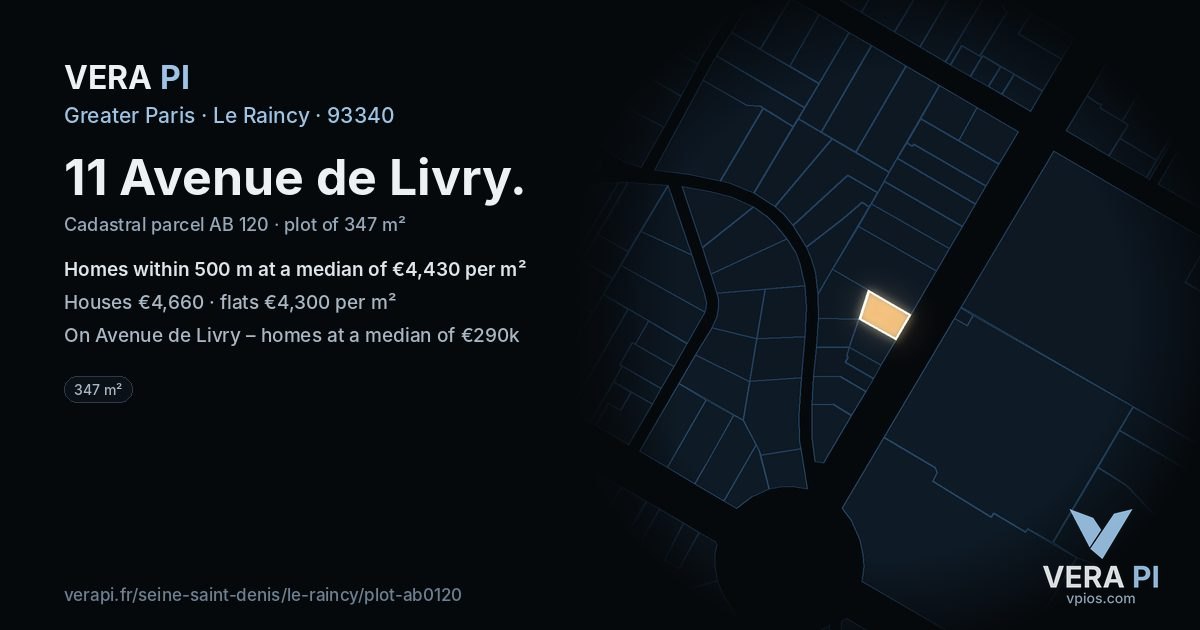 11 Avenue de Livry, Le Raincy at night – the plot lit, the parcels around coloured by the prices near them