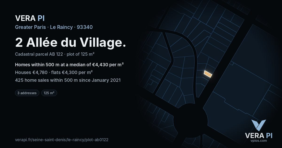 2 Allée du Village, Le Raincy at night – the plot lit, the parcels around coloured by the prices near them