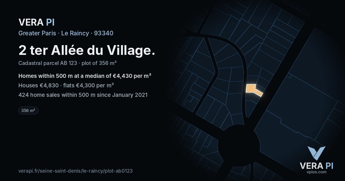 2 ter Allée du Village, Le Raincy at night – the plot lit, the parcels around coloured by the prices near them