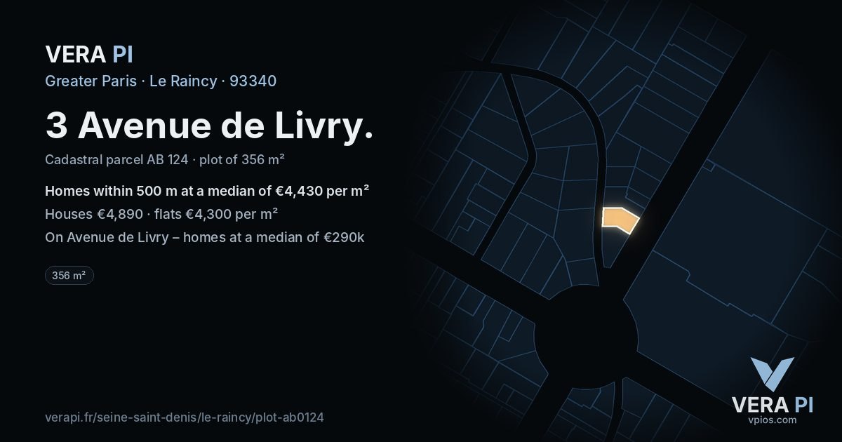 3 Avenue de Livry, Le Raincy at night – the plot lit, the parcels around coloured by the prices near them