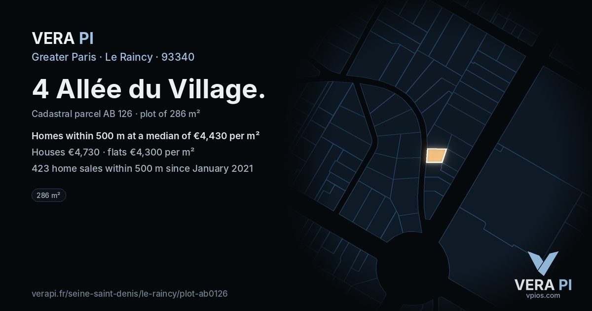 4 Allée du Village, Le Raincy at night – the plot lit, the parcels around coloured by the prices near them