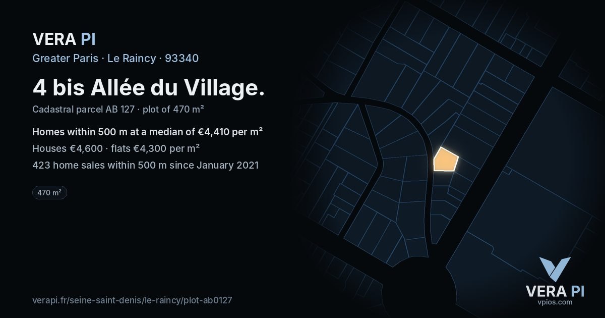 4 bis Allée du Village, Le Raincy at night – the plot lit, the parcels around coloured by the prices near them