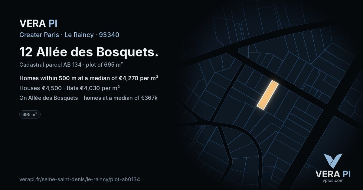 12 Allée des Bosquets, Le Raincy at night – the plot lit, the parcels around coloured by the prices near them