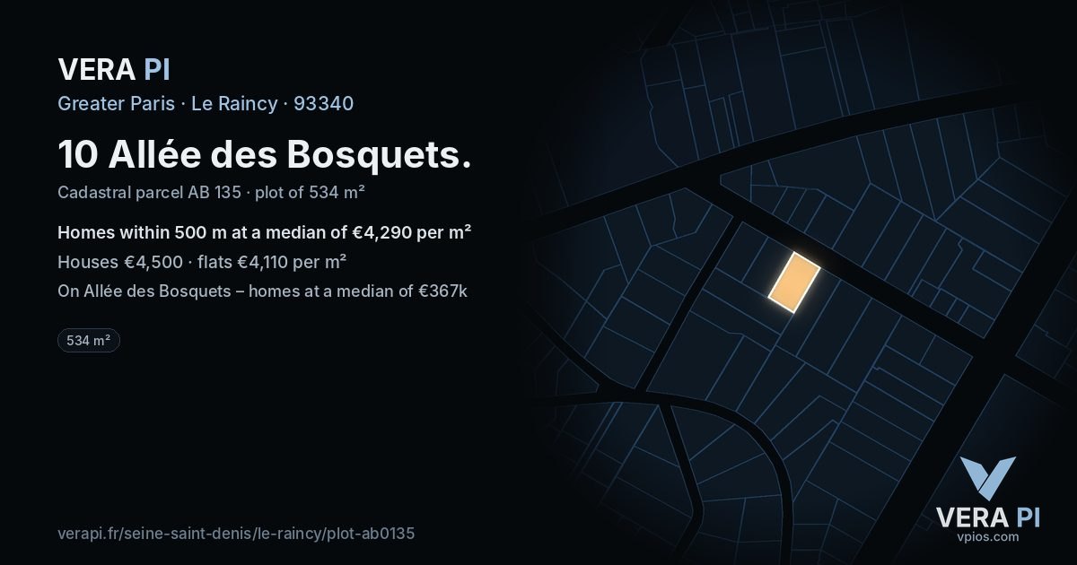 10 Allée des Bosquets, Le Raincy at night – the plot lit, the parcels around coloured by the prices near them