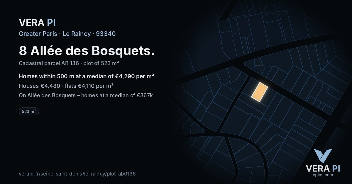 8 Allée des Bosquets, Le Raincy at night – the plot lit, the parcels around coloured by the prices near them