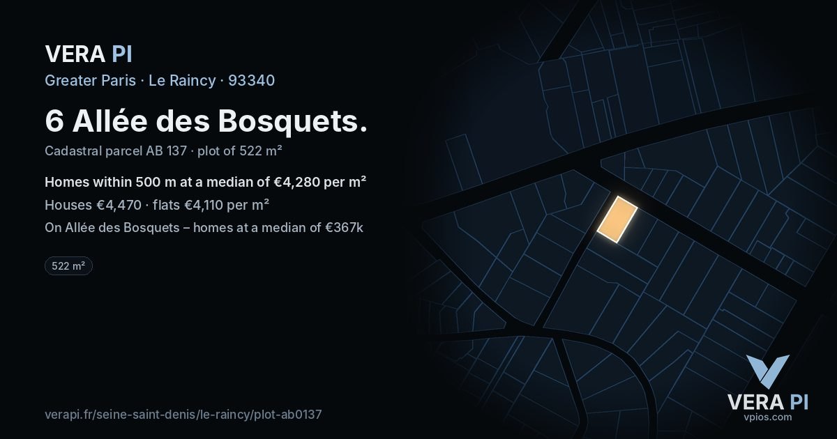 6 Allée des Bosquets, Le Raincy at night – the plot lit, the parcels around coloured by the prices near them