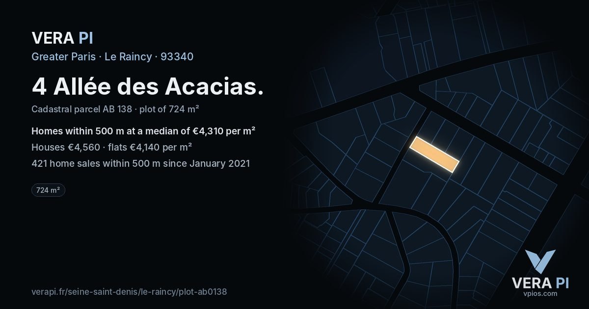 4 Allée des Acacias, Le Raincy at night – the plot lit, the parcels around coloured by the prices near them