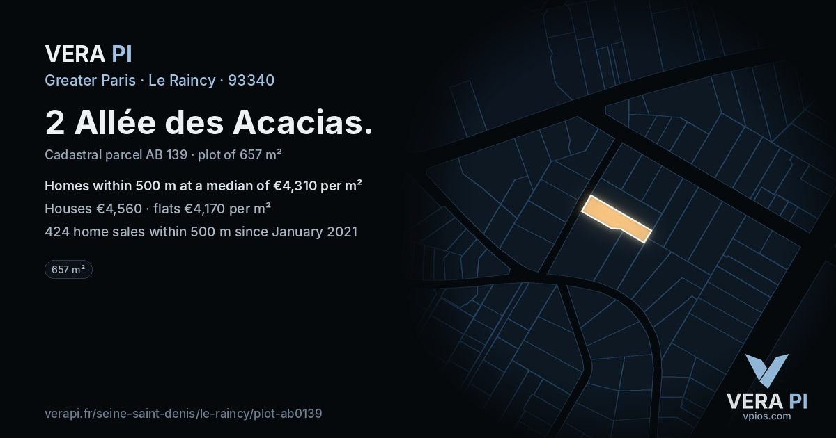 2 Allée des Acacias, Le Raincy at night – the plot lit, the parcels around coloured by the prices near them
