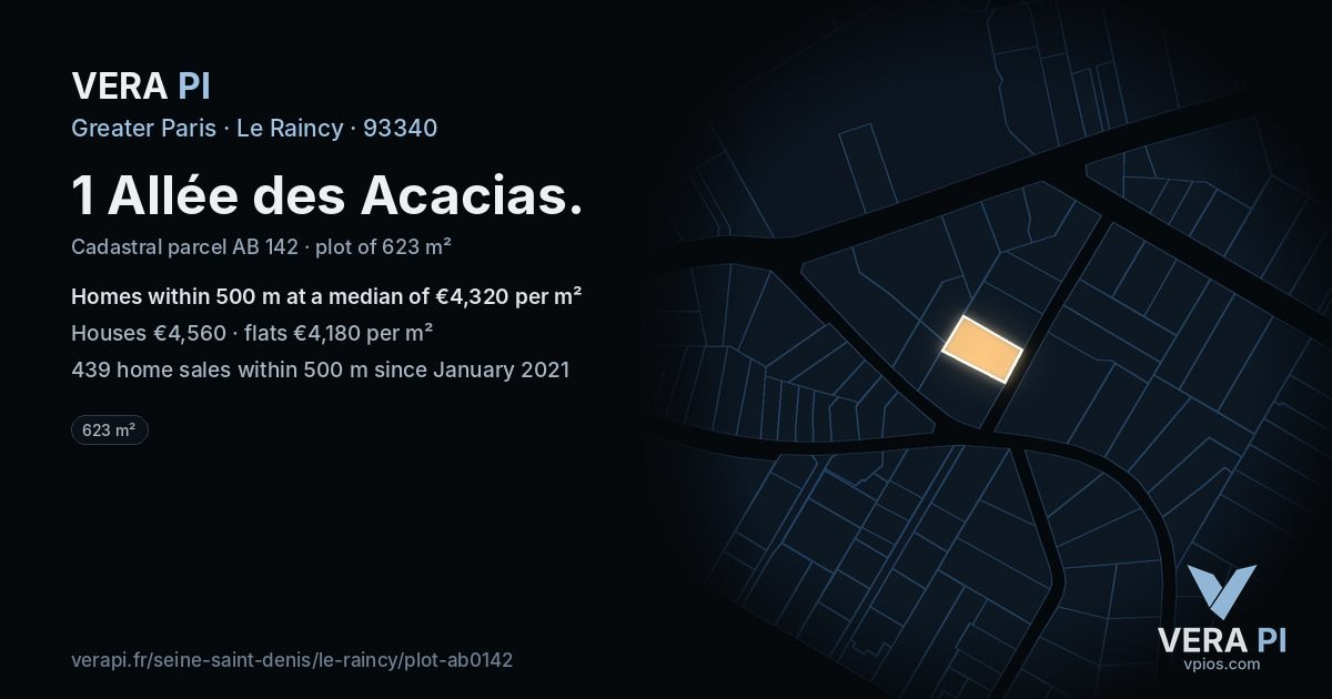 1 Allée des Acacias, Le Raincy at night – the plot lit, the parcels around coloured by the prices near them
