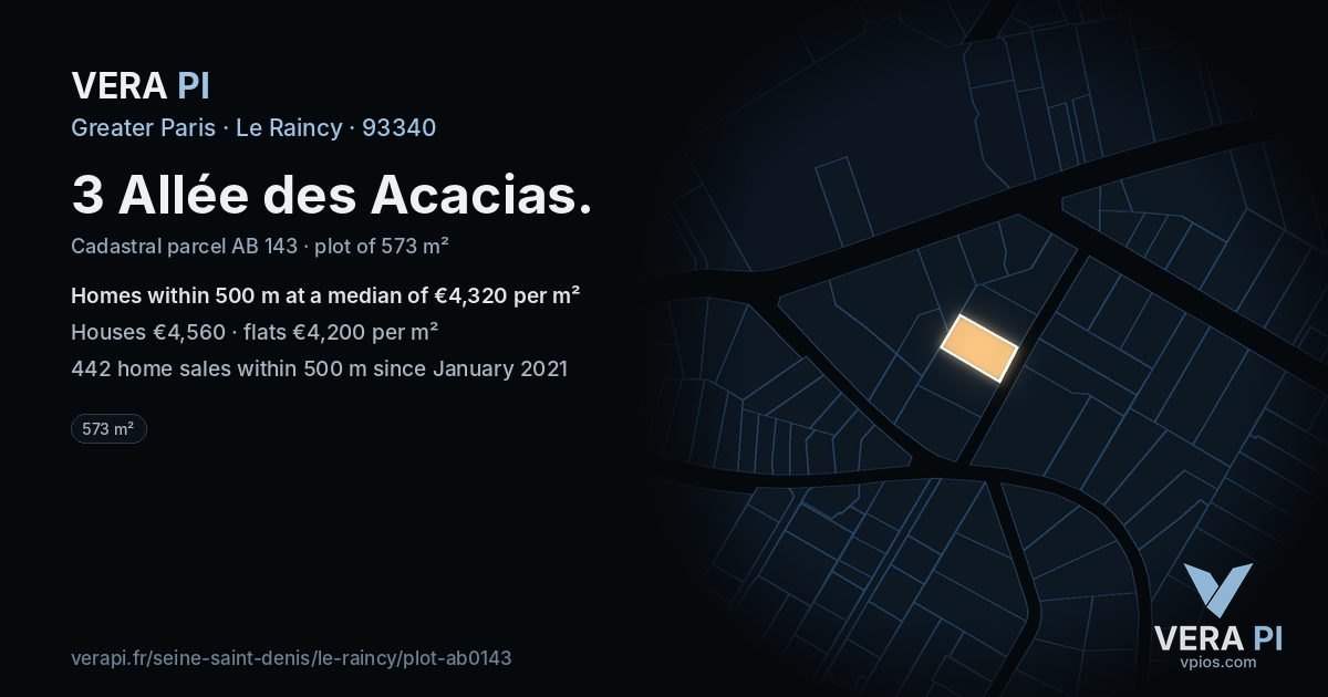 3 Allée des Acacias, Le Raincy at night – the plot lit, the parcels around coloured by the prices near them