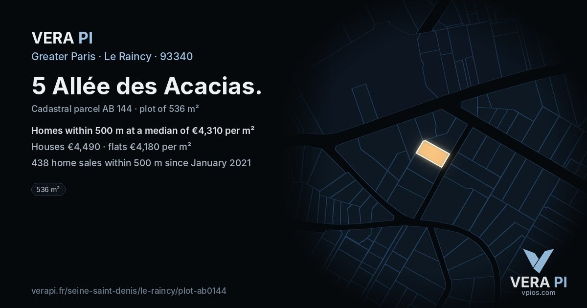 5 Allée des Acacias, Le Raincy at night – the plot lit, the parcels around coloured by the prices near them