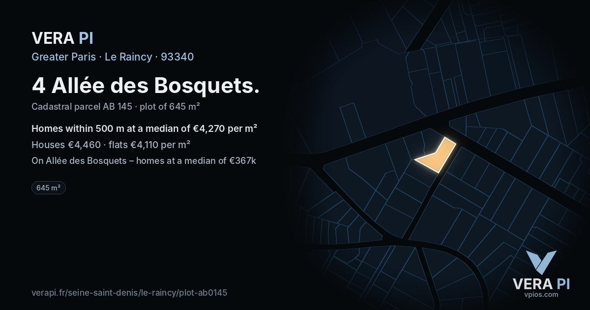 4 Allée des Bosquets, Le Raincy at night – the plot lit, the parcels around coloured by the prices near them