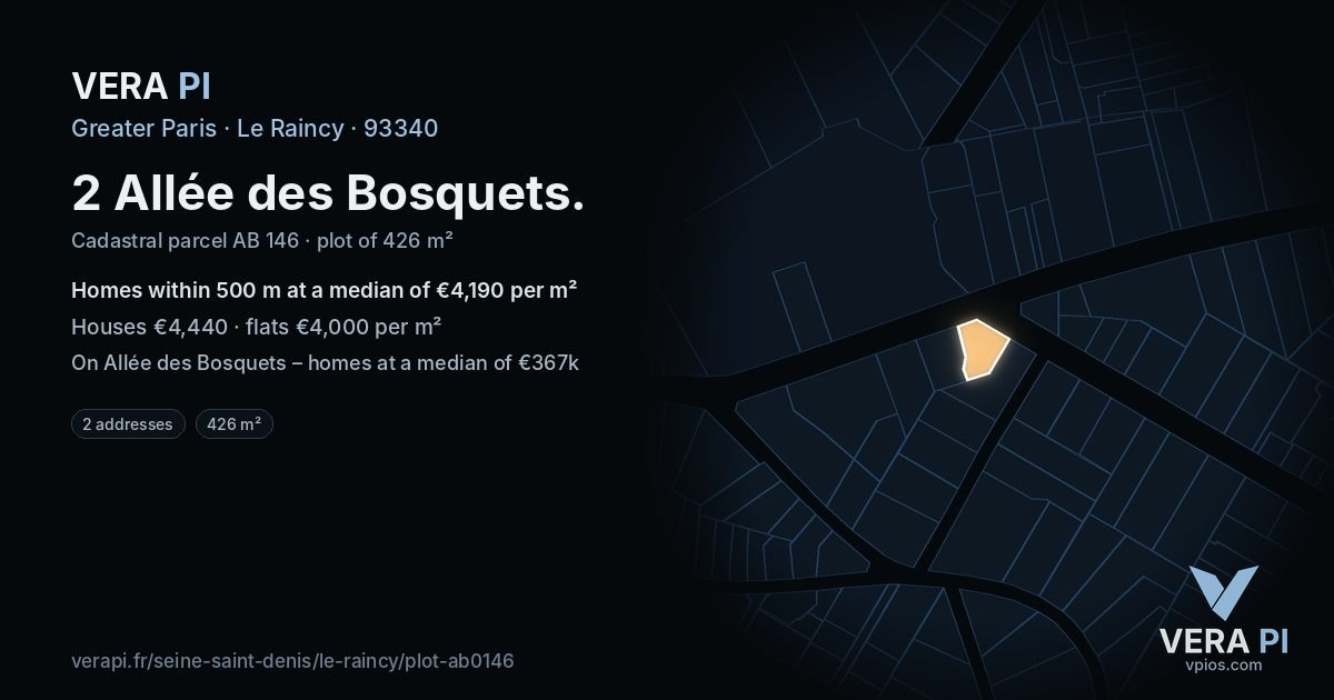 2 Allée des Bosquets, Le Raincy at night – the plot lit, the parcels around coloured by the prices near them
