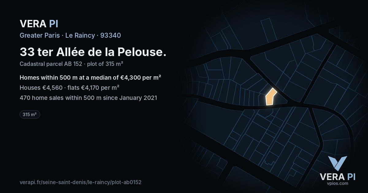 33 ter Allée de la Pelouse, Le Raincy at night – the plot lit, the parcels around coloured by the prices near them