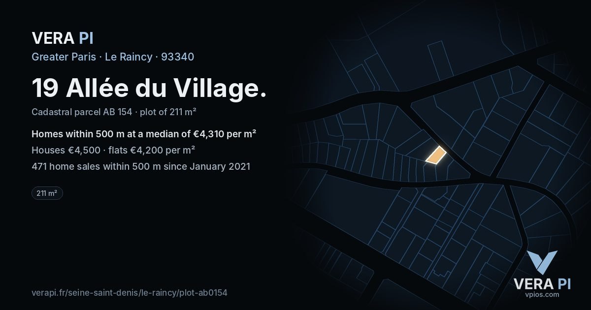 19 Allée du Village, Le Raincy at night – the plot lit, the parcels around coloured by the prices near them