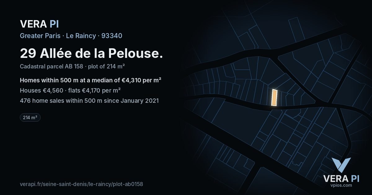 29 Allée de la Pelouse, Le Raincy at night – the plot lit, the parcels around coloured by the prices near them