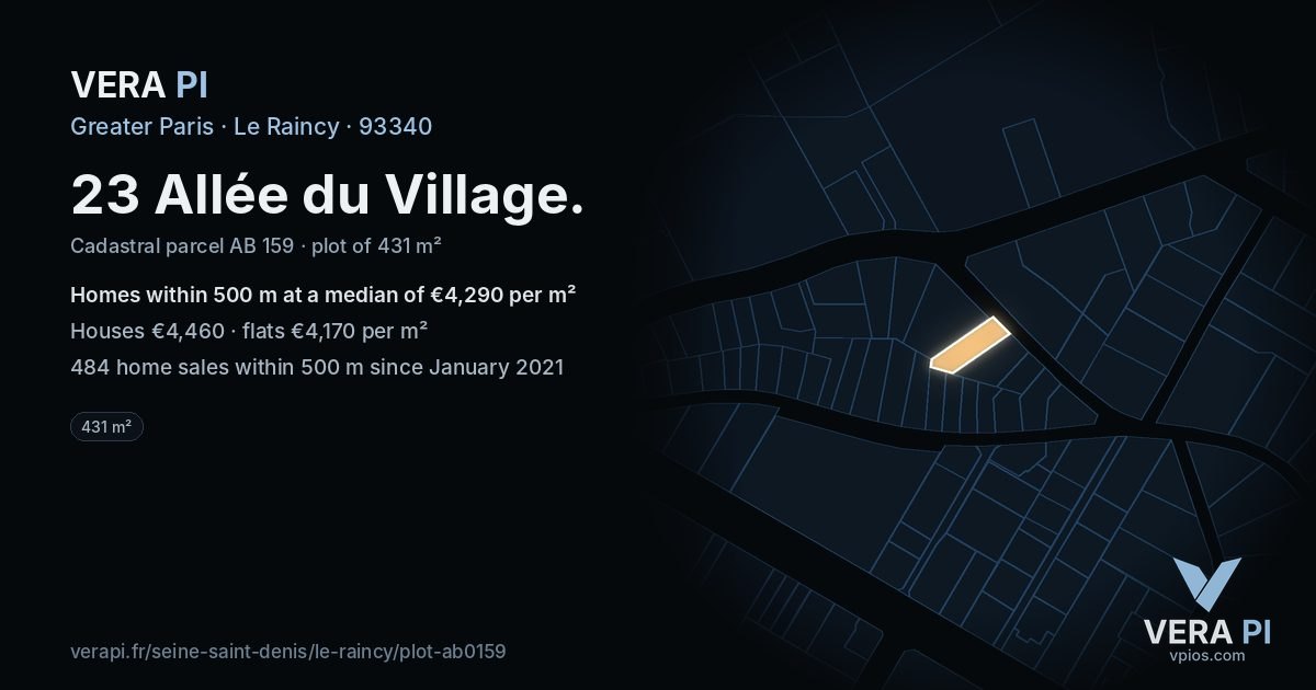 23 Allée du Village, Le Raincy at night – the plot lit, the parcels around coloured by the prices near them