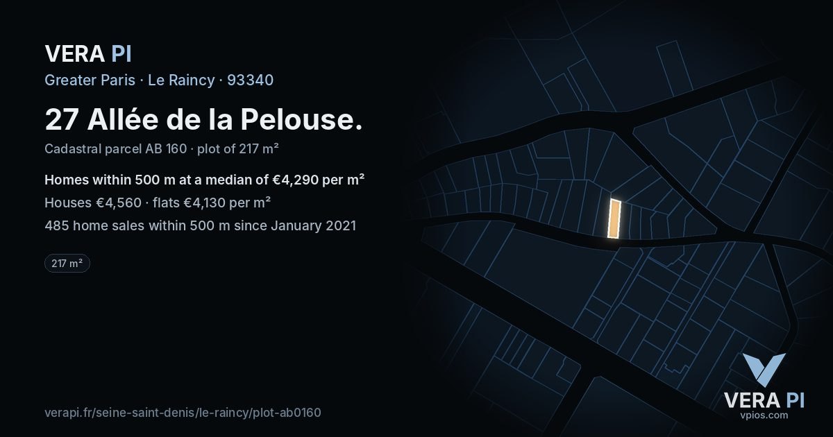 27 Allée de la Pelouse, Le Raincy at night – the plot lit, the parcels around coloured by the prices near them