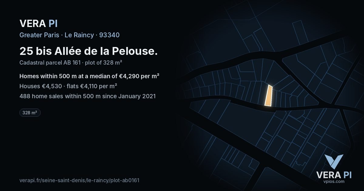 25 bis Allée de la Pelouse, Le Raincy at night – the plot lit, the parcels around coloured by the prices near them