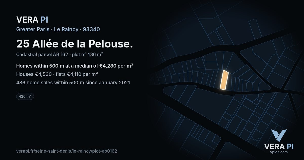 25 Allée de la Pelouse, Le Raincy at night – the plot lit, the parcels around coloured by the prices near them