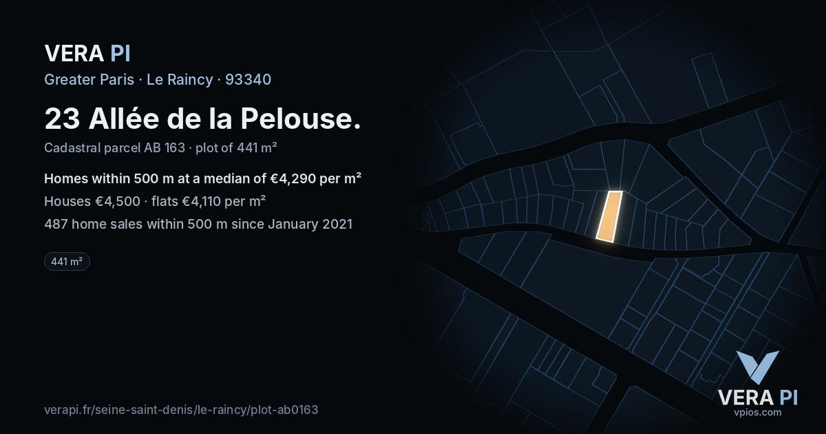 23 Allée de la Pelouse, Le Raincy at night – the plot lit, the parcels around coloured by the prices near them