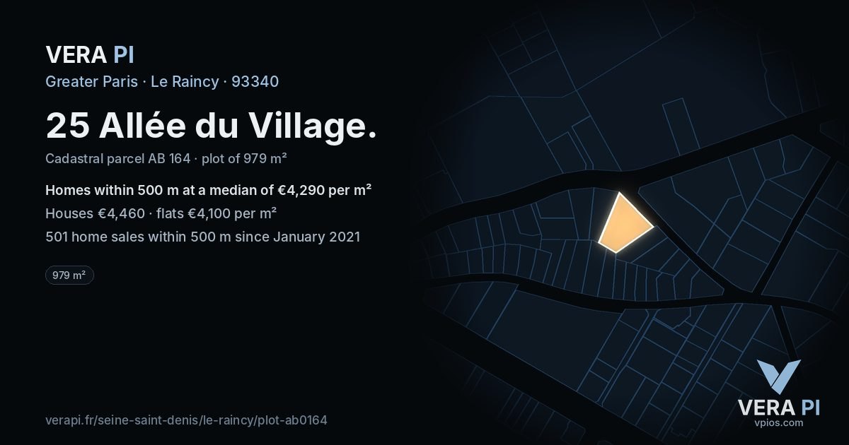 25 Allée du Village, Le Raincy at night – the plot lit, the parcels around coloured by the prices near them