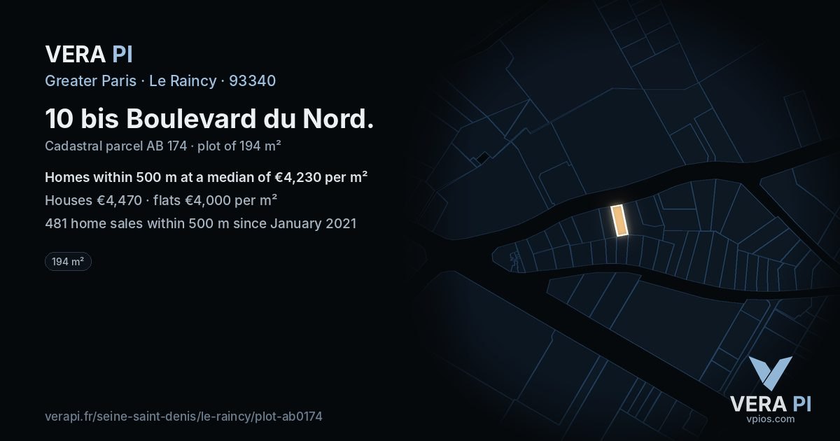 10 bis Boulevard du Nord, Le Raincy at night – the plot lit, the parcels around coloured by the prices near them