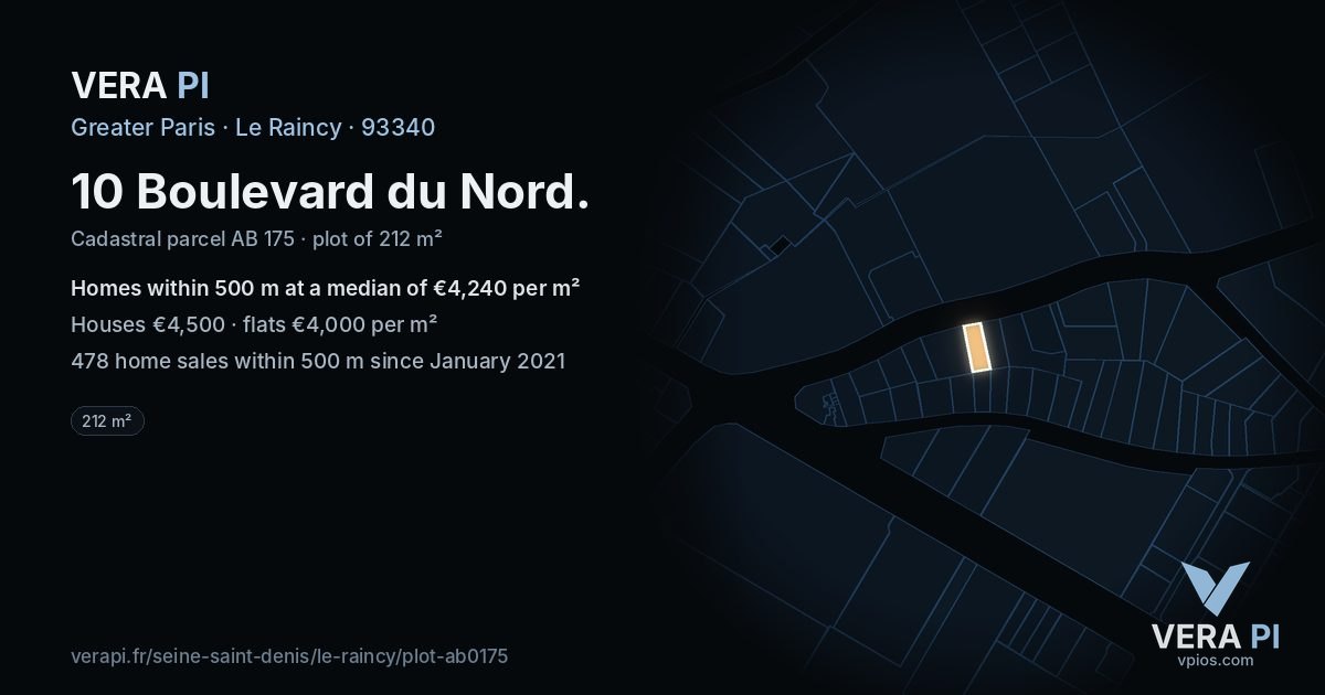 10 Boulevard du Nord, Le Raincy at night – the plot lit, the parcels around coloured by the prices near them