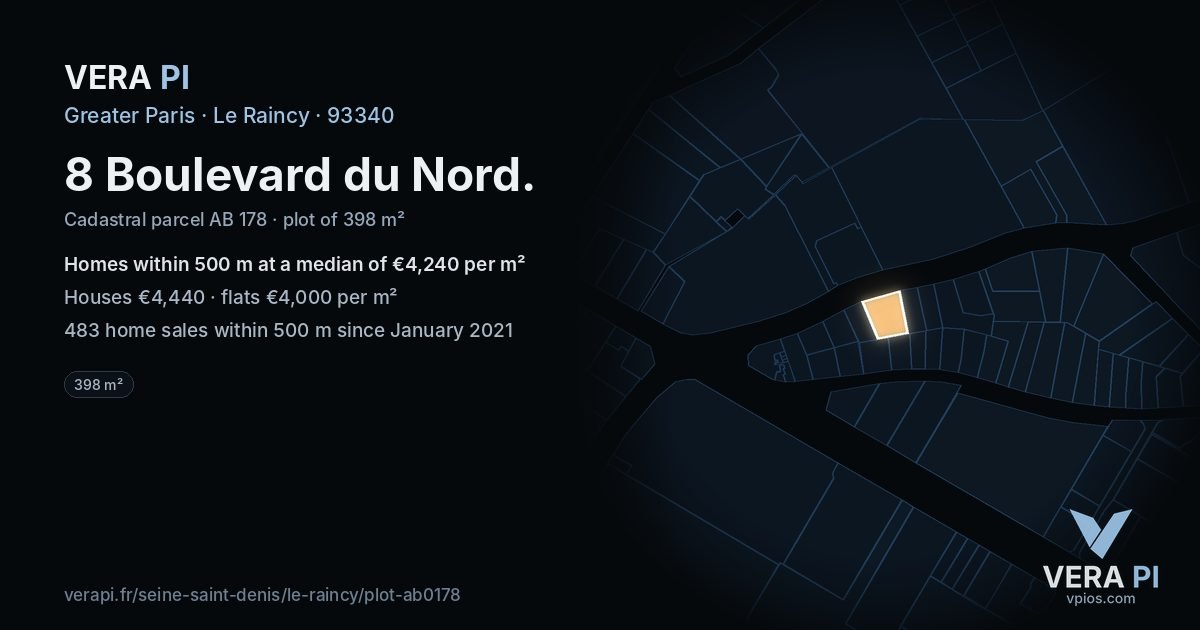 8 Boulevard du Nord, Le Raincy at night – the plot lit, the parcels around coloured by the prices near them