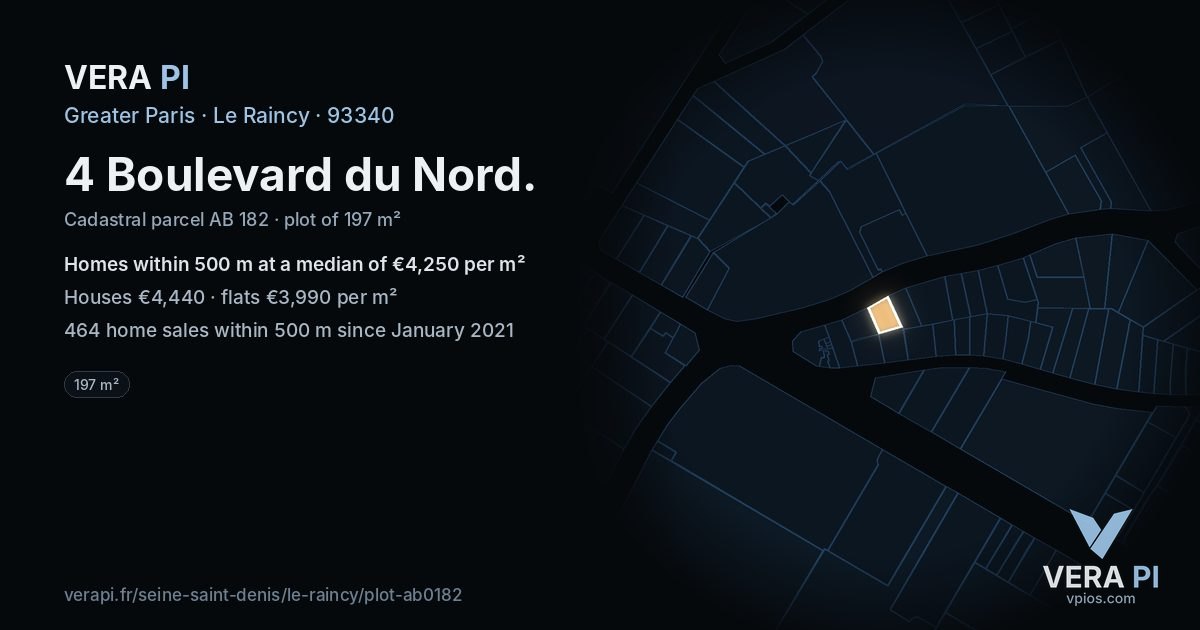 4 Boulevard du Nord, Le Raincy at night – the plot lit, the parcels around coloured by the prices near them