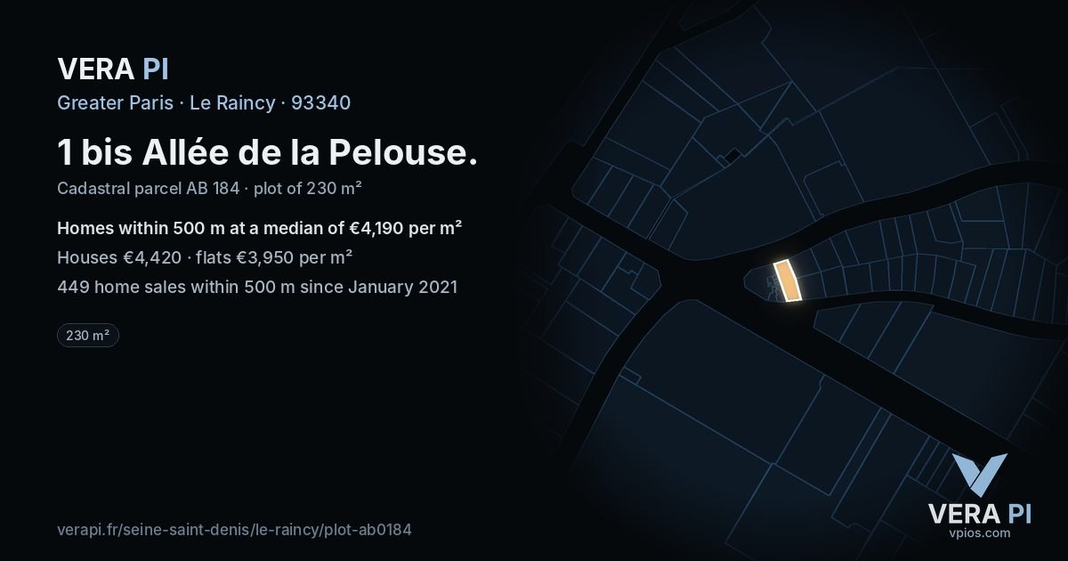 1 bis Allée de la Pelouse, Le Raincy at night – the plot lit, the parcels around coloured by the prices near them