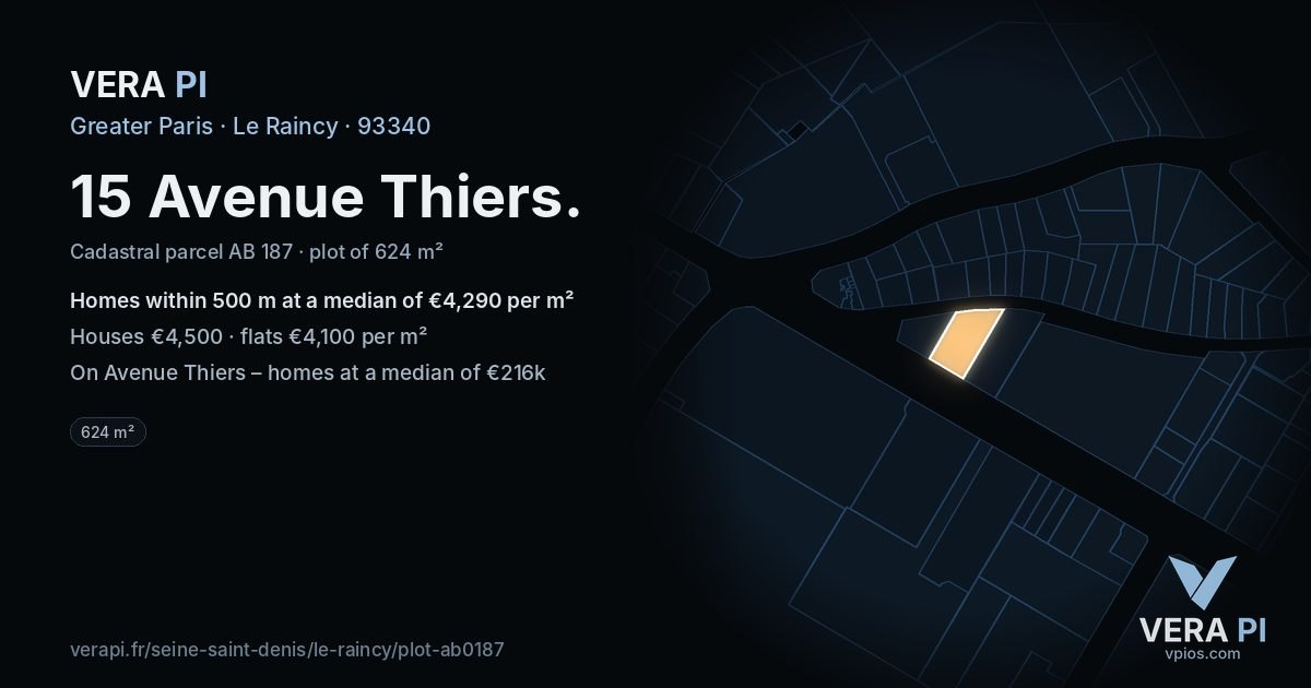 15 Avenue Thiers, Le Raincy at night – the plot lit, the parcels around coloured by the prices near them
