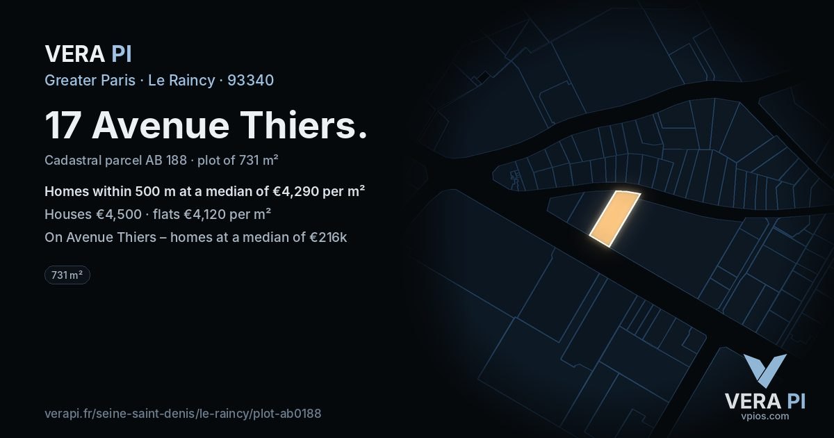 17 Avenue Thiers, Le Raincy at night – the plot lit, the parcels around coloured by the prices near them
