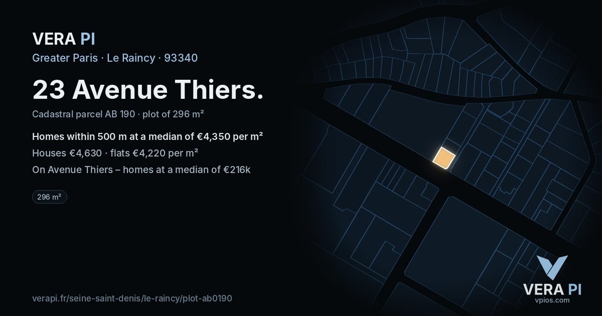 23 Avenue Thiers, Le Raincy at night – the plot lit, the parcels around coloured by the prices near them