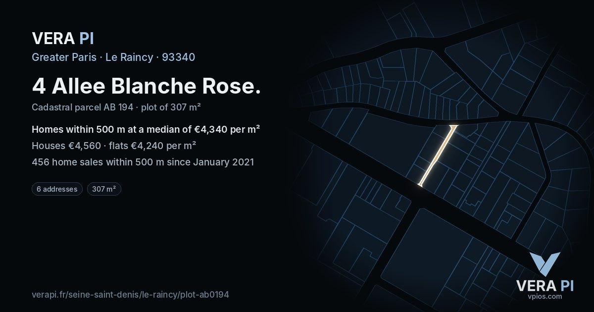 4 Allee Blanche Rose, Le Raincy at night – the plot lit, the parcels around coloured by the prices near them