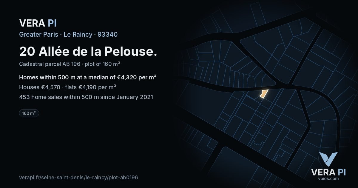 20 Allée de la Pelouse, Le Raincy at night – the plot lit, the parcels around coloured by the prices near them