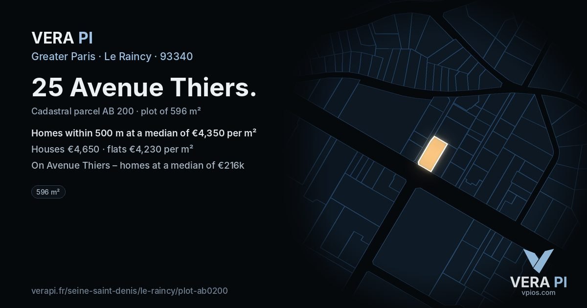 25 Avenue Thiers, Le Raincy at night – the plot lit, the parcels around coloured by the prices near them