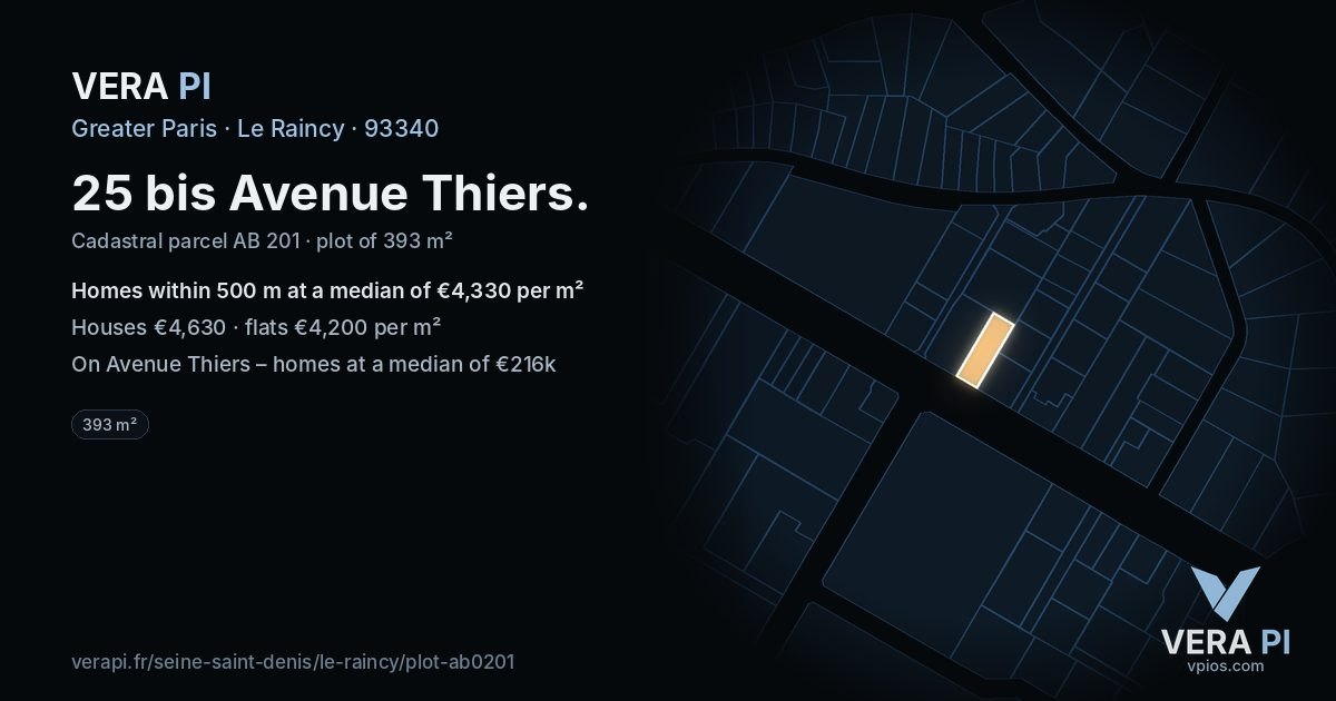 25 bis Avenue Thiers, Le Raincy at night – the plot lit, the parcels around coloured by the prices near them