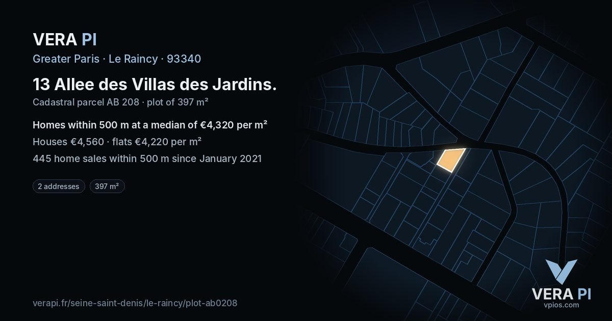 13 Allee des Villas des Jardins, Le Raincy at night – the plot lit, the parcels around coloured by the prices near them
